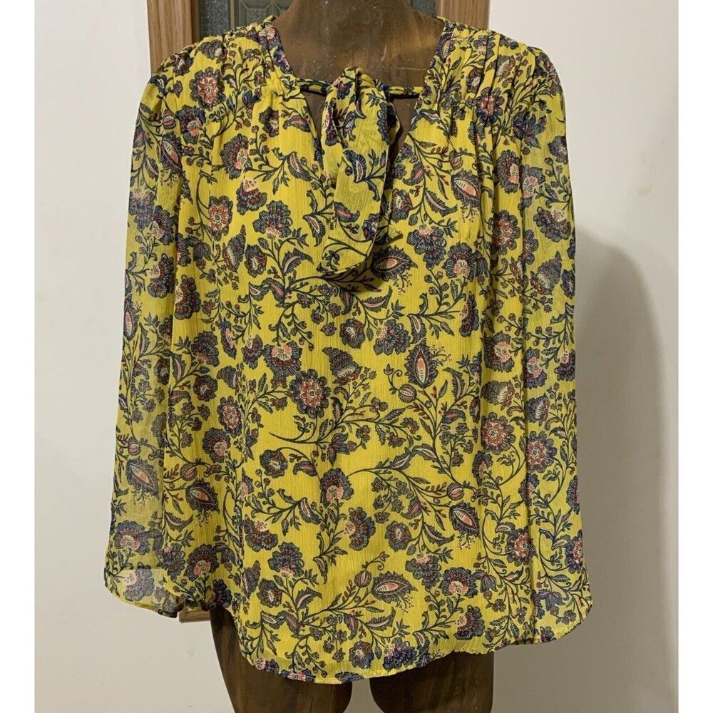 Jessica Simpson Leslie Sheer Wide Bell Sleeve Blouse Small Yellow Floral
